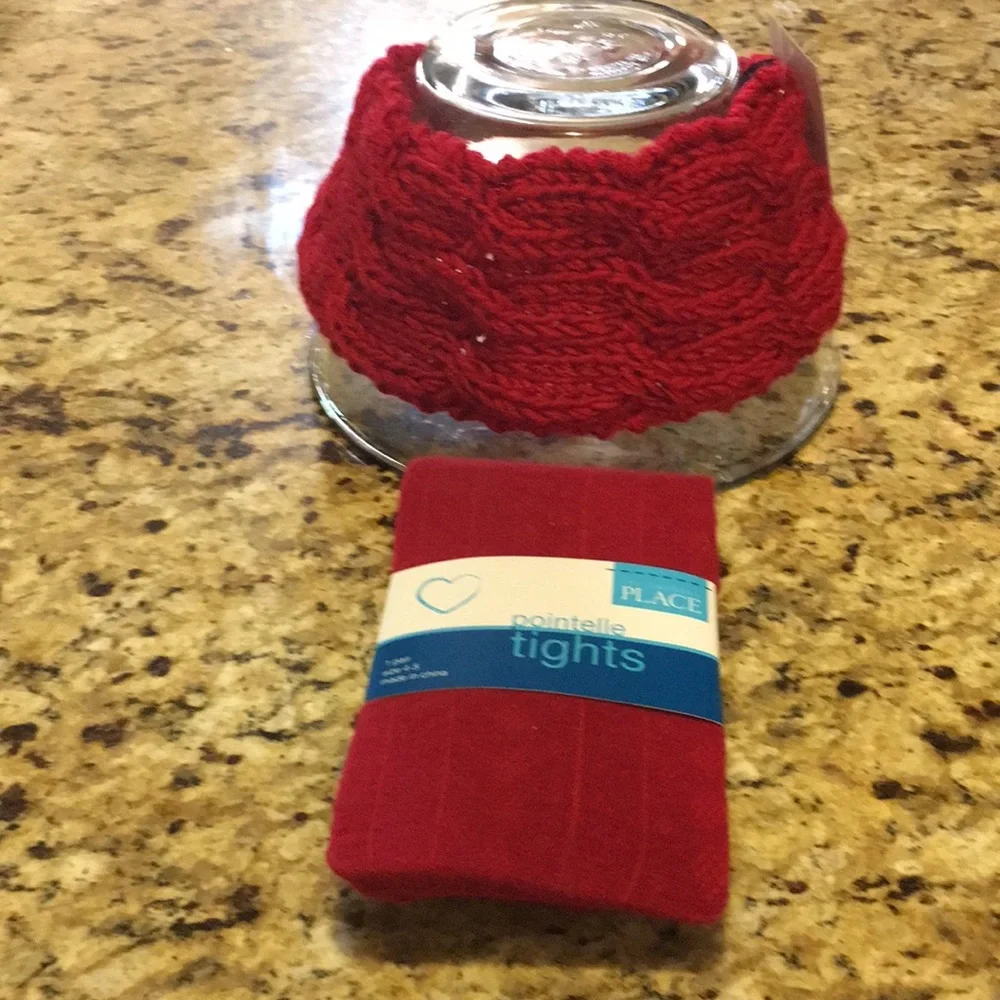 Headband & Matching Girl’s Red tights Set Size 4/5 34-43 LBs NEW Cute Warm Fun